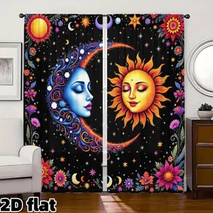 2D Flat 2Pcs Mystical Celestial Sun Moon Stars Curtains Bohemian Floral Pattern Black Background Rod Pocket Panel Semi Sunshade Treatment for Living Room Bedroom Balcony Kitchen Home Decor Window Drapes Privacy Protection Home Decoration Curtain