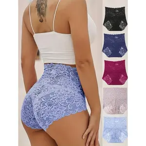 [5pcs High Waist Briefs Lingerie] 5pcs Floral Lace High Waist Briefs, Comfy Breathable Stretchy Intimates Panties, Women's Lingerie & Underwear