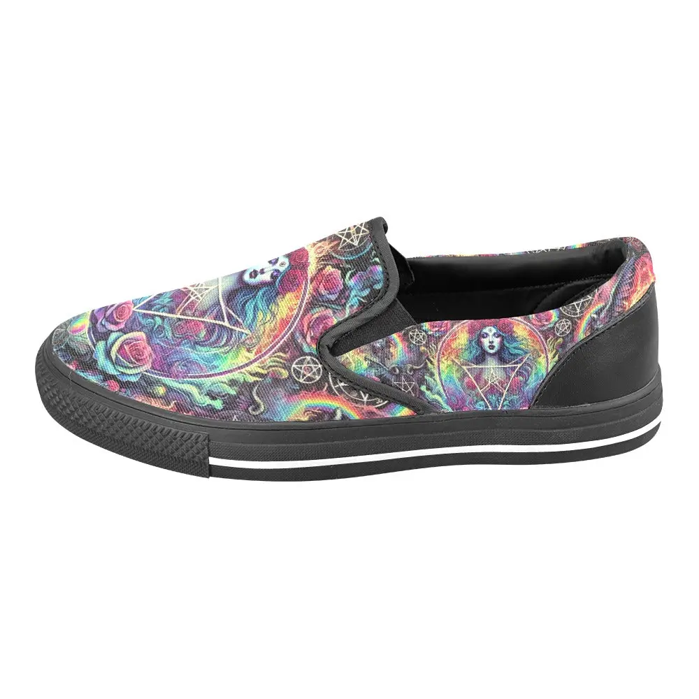 Trippy Rainbow Witch Casual Gothic Occult Everyday Athletic Slip-on Canvas Women's Shoes Print 1