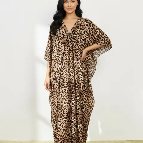 Women's Leopard Print Batwing Sleeve Kaftan Style Dress, Elegant V Neck Long Sleeve Maxi Dress for Vacation Holiday Wedding Guest, Ladies Clothes for All Seasons