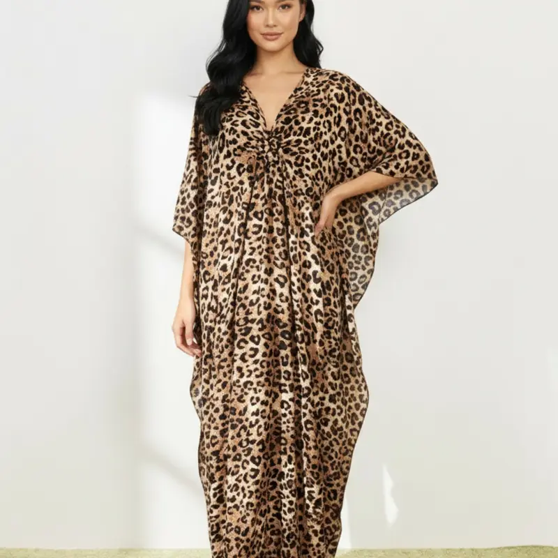 Women's Leopard Print Batwing Sleeve Kaftan Style Dress, Elegant V Neck Long Sleeve Maxi Dress for Vacation Holiday Wedding Guest, Ladies Clothes for All Seasons