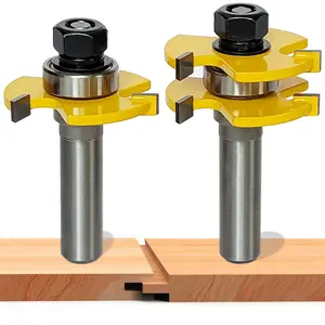 2 count Tongue and Groove Router Bit Set 1/2 Shank, 3Tooth Adjustable T-Shaped  Router Bit for Woodworking, Mortise and Tenon Tools