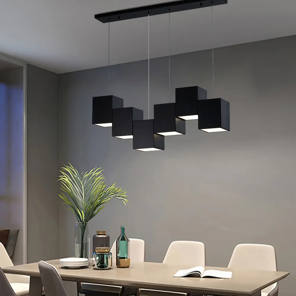 Homary Modern Linear Black Kitchen Island Light 6-Light Square Pendant Light Homary Modern Linear Black Kitchen Island Light 6-Light Square Pendant Light