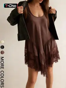 2026 1 Piece Satin Camisole Lace Dress Womenswear, Classy Euro-American Mature Cute Vibe, V-Neck Design   Tiered Skirt, Polished Pick for Casual Dates / Café Stops, Evening Chic, Girls Night, Beachwear