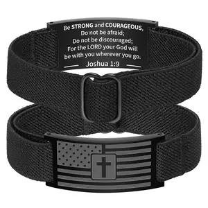 Independence Day Patriotic Bracelet for Men US Flag Military Adjustable Wristbands Christian Jewelry Cross Faithful Design Gift for Son Father Boyfriends Stainless Steel Patriotic Colors Bright Secure Elastic Design