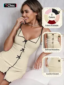 Women's Contrast Binding Ribbed Cami Nightdress, Casual Comfy Sleeveless Chemise Nightgown for Summer, Ladies Sleepwear & Loungewear for Indoor Wear