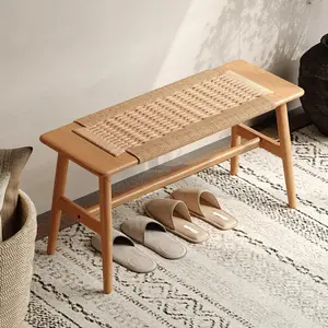 Wayshome 100% Solid Oak Farmhouse Entryway Bench, Dining Bench Indoor with Hand Woven Rope Surface Design, Wood Bench for End of Bed with Solid Structure(Natural/Off-White, 31.49"/43.31'' Wx11.81 Dx15.98 H)