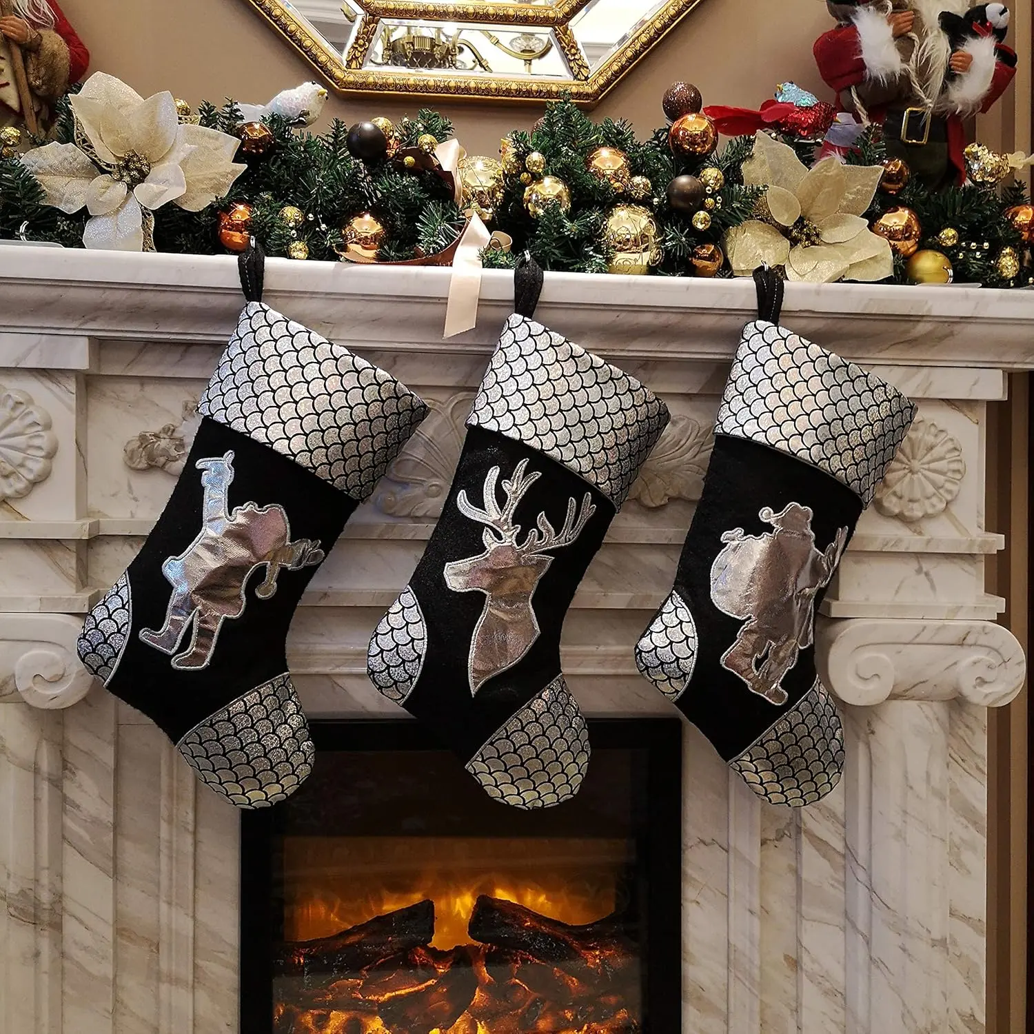 WEWILL 18'' Luxury Gold Christmas Stockings Shiny Bag for Kids, Family, Set of 3,Santa, Snowman, Reindeer WEWILL