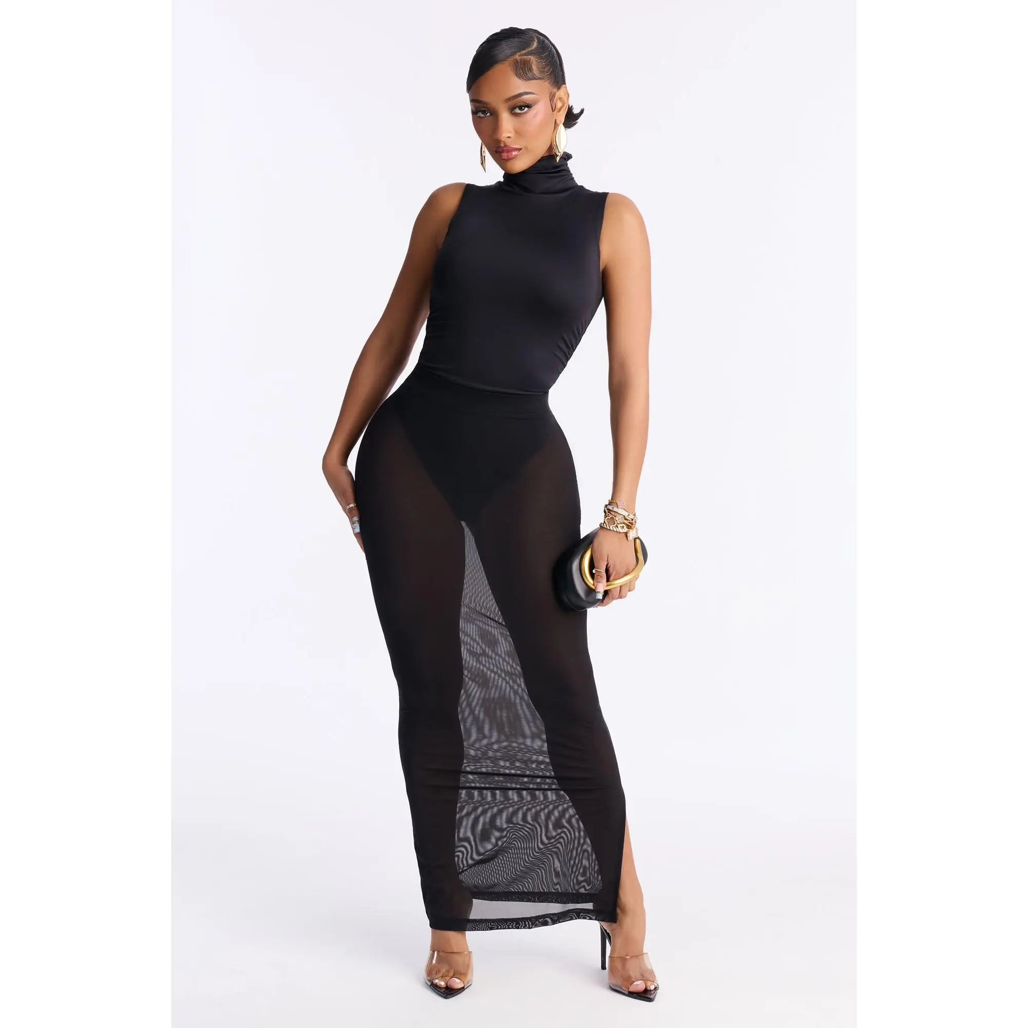 Contour Bodysuit And Power Mesh Maxi Skirt Set - Black - TikTok Shop