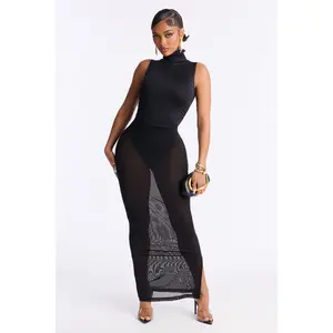 Contour Bodysuit And Power Mesh Maxi Skirt Set - Black