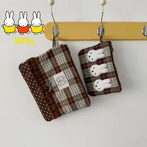 Kawaii Miffy Makeup Bag Cute Cartoon Checkered Color-Contrasting Storage Bag for Notes, Articles and Stationery Girl Gift