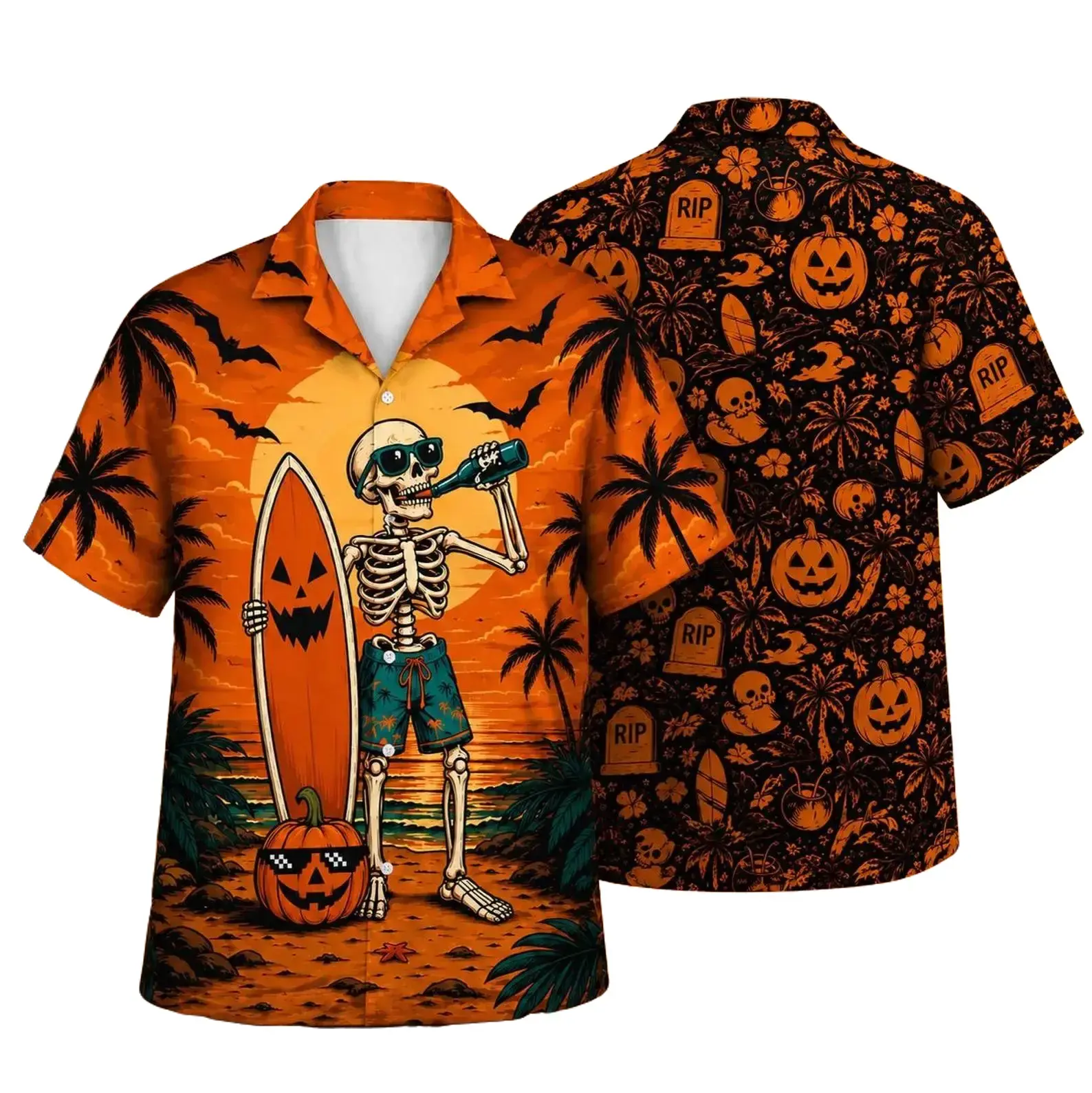 Skeleton Surfing Halloween Hawaiian Shirt for Men Women, Funny Pumpkin Beach Button Down Shirt, Spooky Tropical Vacation Aloha Top