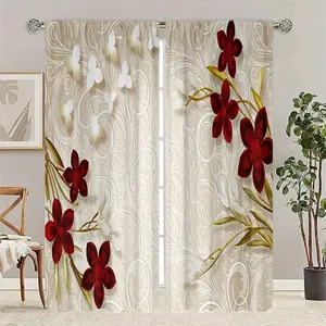 2pc 2D printed floral curtains, Home decoration curtain, modern minimalist style, rod design, home textile, suitable for dormitories, bedrooms, living rooms, kitchens, and other home decor