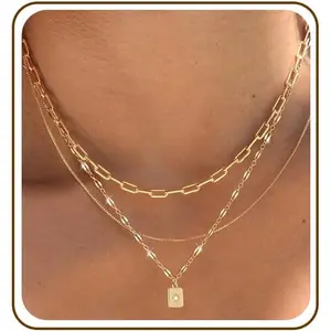 Layered Gold Necklaces for Women Trendy, 3 Pcs 14K Gold Plated Choker Paperclip Box Chain Necklace, Stackable Women's Gold Pendant Necklaces Jewelry Set