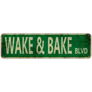 Vintage Tin Sign - Wake & Bake Blvd - Retro Metal Sign Humor Gift For Home Bar, Coffee Garden, Indoor/Outdoor Decor - 4"16"