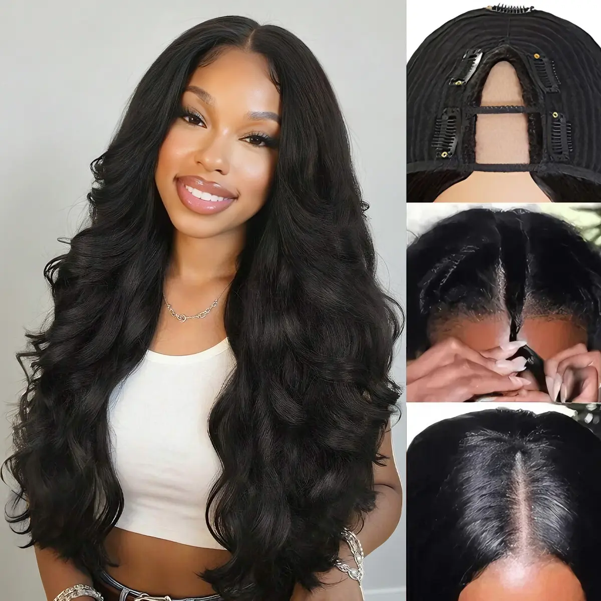Recool Hair V Part Wig 3in1 Half Wig Yaki Loose Body Ready To Wear Invisible Hairline Human Hair Glueless Wigs Friendly Beginners Natural Black No Lace Seamless Flip Over Wig High-Quality