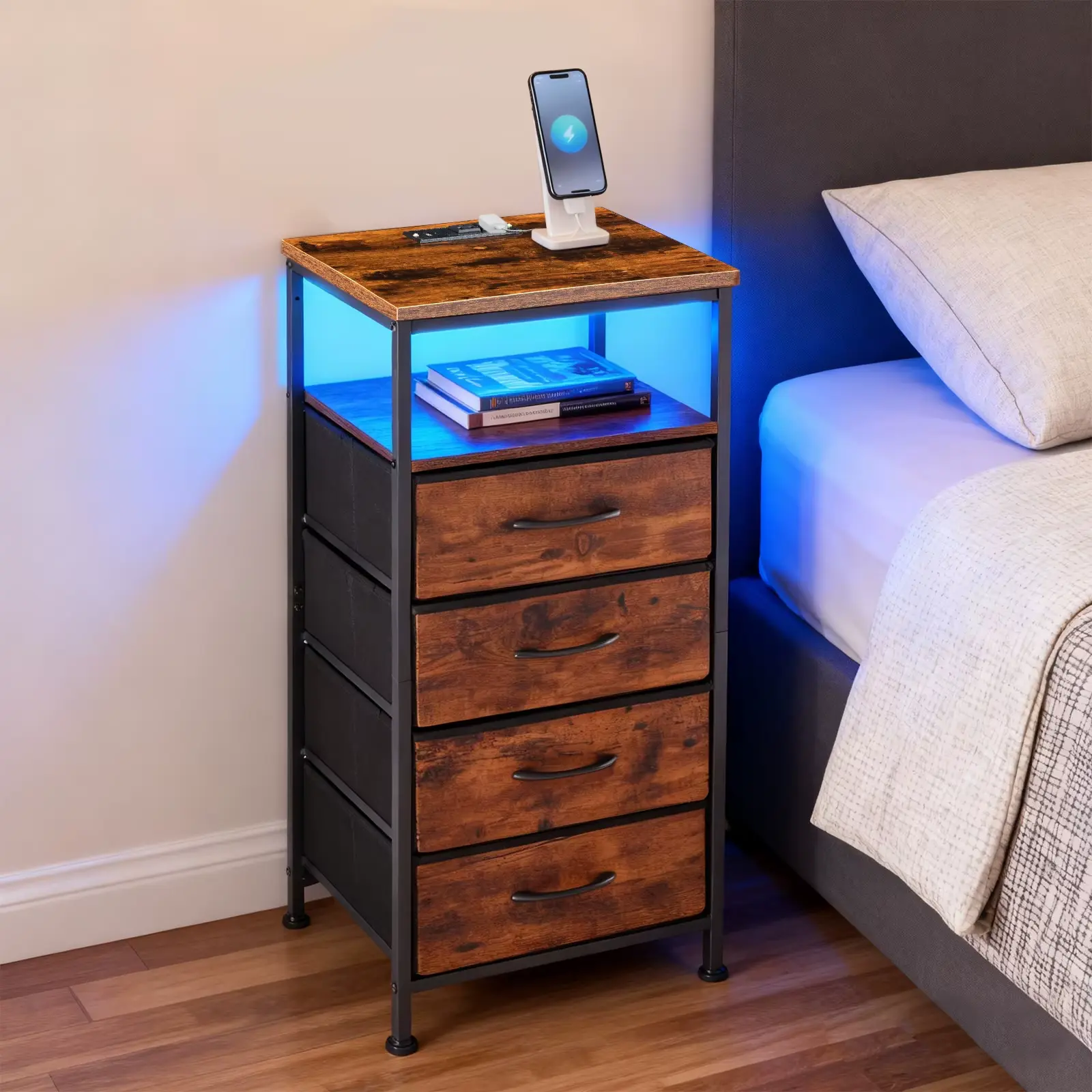 AuraHome Smart Corner Cabinet - 4 Deep Drawers, Right Angle Design, Adjustable 4-Port Power Hub (USB+AC Outlets), LED Light Kit, Steel Frame, Integrated Power Strip, Space-Saving Modern Small Space Nightstand & Organizer