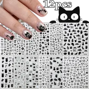 US-NAIL - 12sheet Cartoon Black Cat Nail Stickers Set Multiple Action Kawaii Puppy Kitten Nail Art Decals Adhesive Kids Manicure Decoratio
