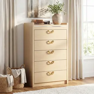Loomie 46.5-Inch Tall 5 Drawer Dresser, Modern Chest of Drawers with Gold Curved Handle, Raised Edge Design, Double Dresser Closet Drawer Organizer for Bedroom, Hallway, Entryway, Natural