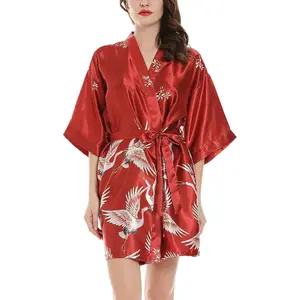 Women Kimono Robes Satin Dressing Gown Crane and Blossoms Sleep Lounge Nightwear Short Silk Bride Bridesmaid Robe