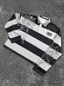 Men's Striped Polo Neck Sweatshirt, Button Design, Graphic Print, Casual Fitted Long Sleeve, All Seasons, Polo Shirts