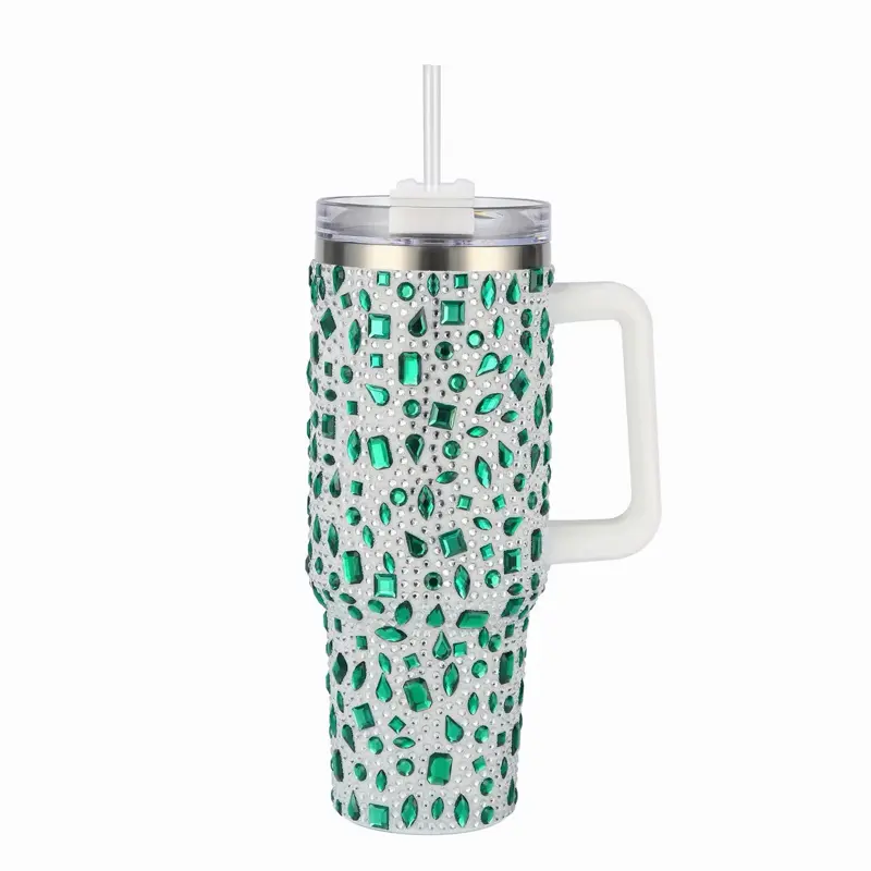 40 oz Bling Rhinestone Tumbler Drinkware, Double-Wall Stainless Steel Vacuum Insulated Flasks with Handle & Straw, Travel Mug
