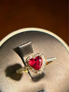 *RUBY HEART*    Item#00000018 European 14K Gold Plated Halo Three-Prong Setting Heart-Cut Red Cubic Zirconia Adjustable Fashion Ring (Center Stone 1 Carat, Ring Size 6.5 and Up)