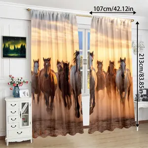 2pcs Horse Pattern Printed Curtains, High Definition Digital Print, Rod Pocket Installation, 100% Polyester, All-Season UV Protection, Home Decoration Curtain
