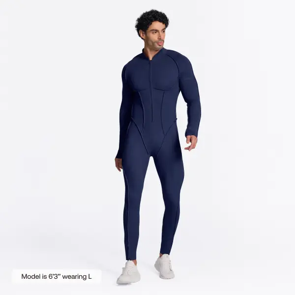 BetterMe Closed-Back Herosuit Contoured Zip-Front Second-Skin Bodysuit for Men – Midnight Blue Basic Gym Jumpsuit | Polyester Spandex Fabric | Menswear Rompers & Overalls