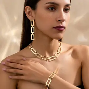 18K Gold Plated Fashion Geometric Link Jewelry Set - Women's Chunky Rectangular Necklace, Bracelet and Pendant Earrings - Waterproof and Non-Tarnishing, Perfect Gift for Girlfriend