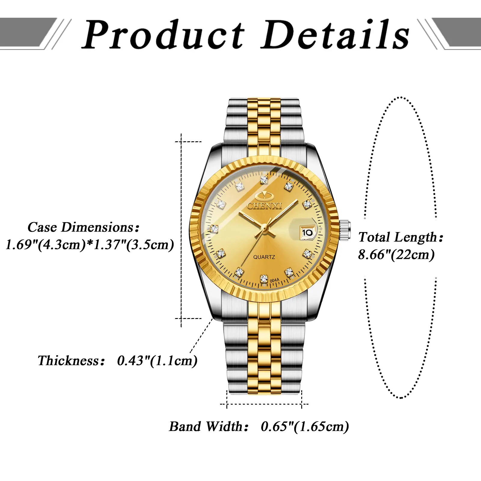 OIDEA Unisex Gold-Tone Dress Watch with Stainless Steel Bracelet, Rhinestone Dial, Japanese Quartz Movement and Magnifier Date Window, Watches, Gold Engraved Couple Quartz Watches