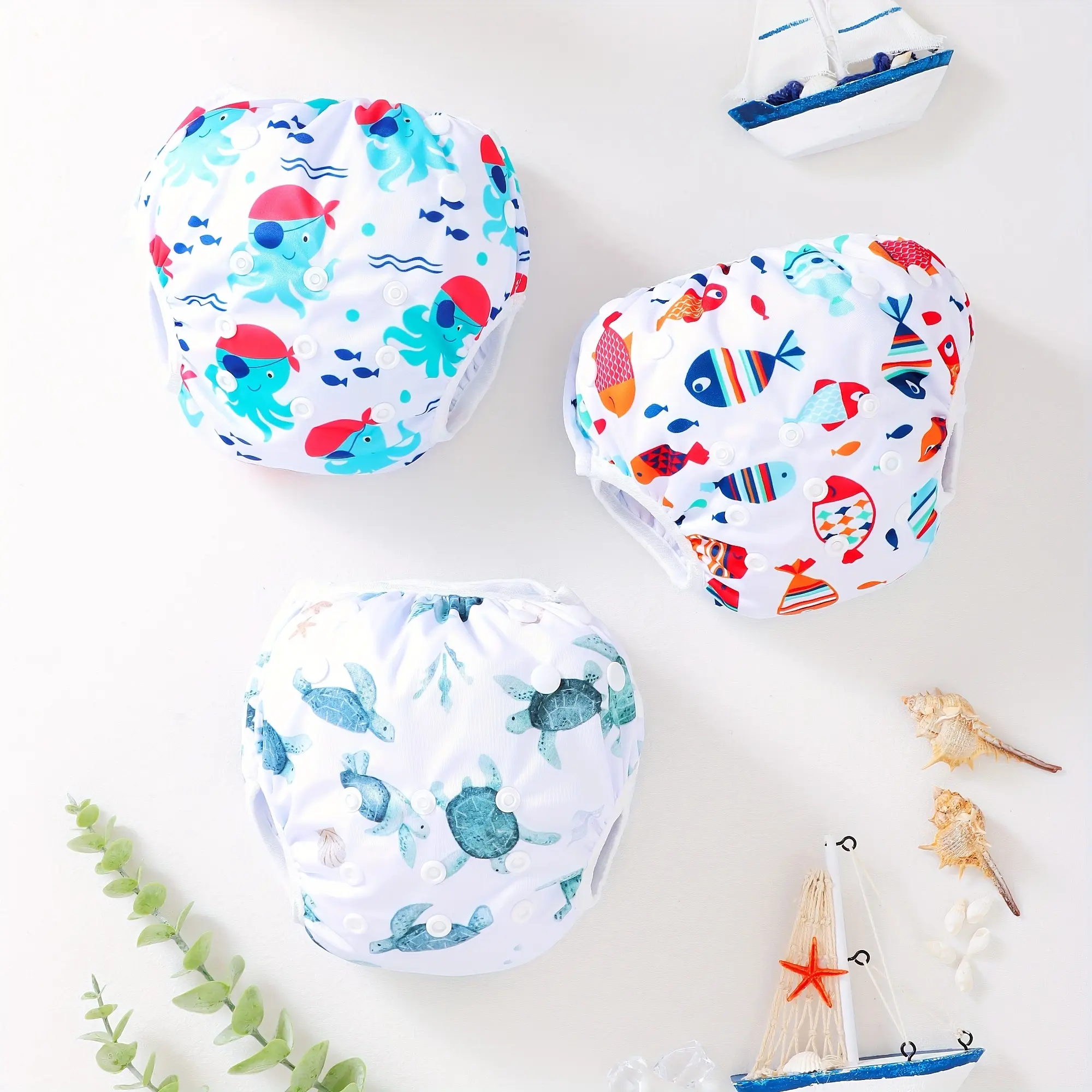 3pcs Reusable Adjustable Swimming Diapers for Baby & Toddler - Snap One Size Fits Most, Underwater Theme with Fish & Turtle Patterns, High-Quality Swim Nappy, Baby Shower Gifts for Girls & Boys