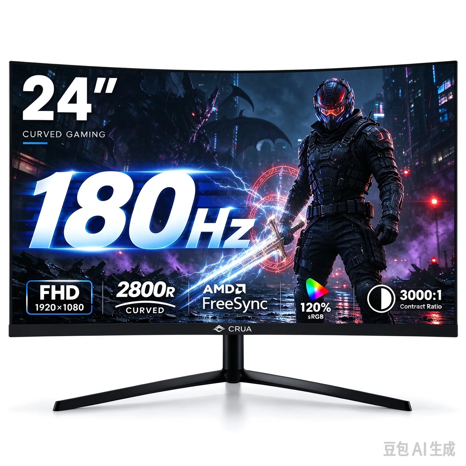 CRUA 24 Inch Curved Gaming Monitor, 180Hz FHD 1080P VA Panel, 2800R Curved, AMD FreeSync, 120% sRGB, Low Blue Light, HDMI DP, 75x75 VESA Wall Mountable Black Computer Monitor for PC Gaming & Office
