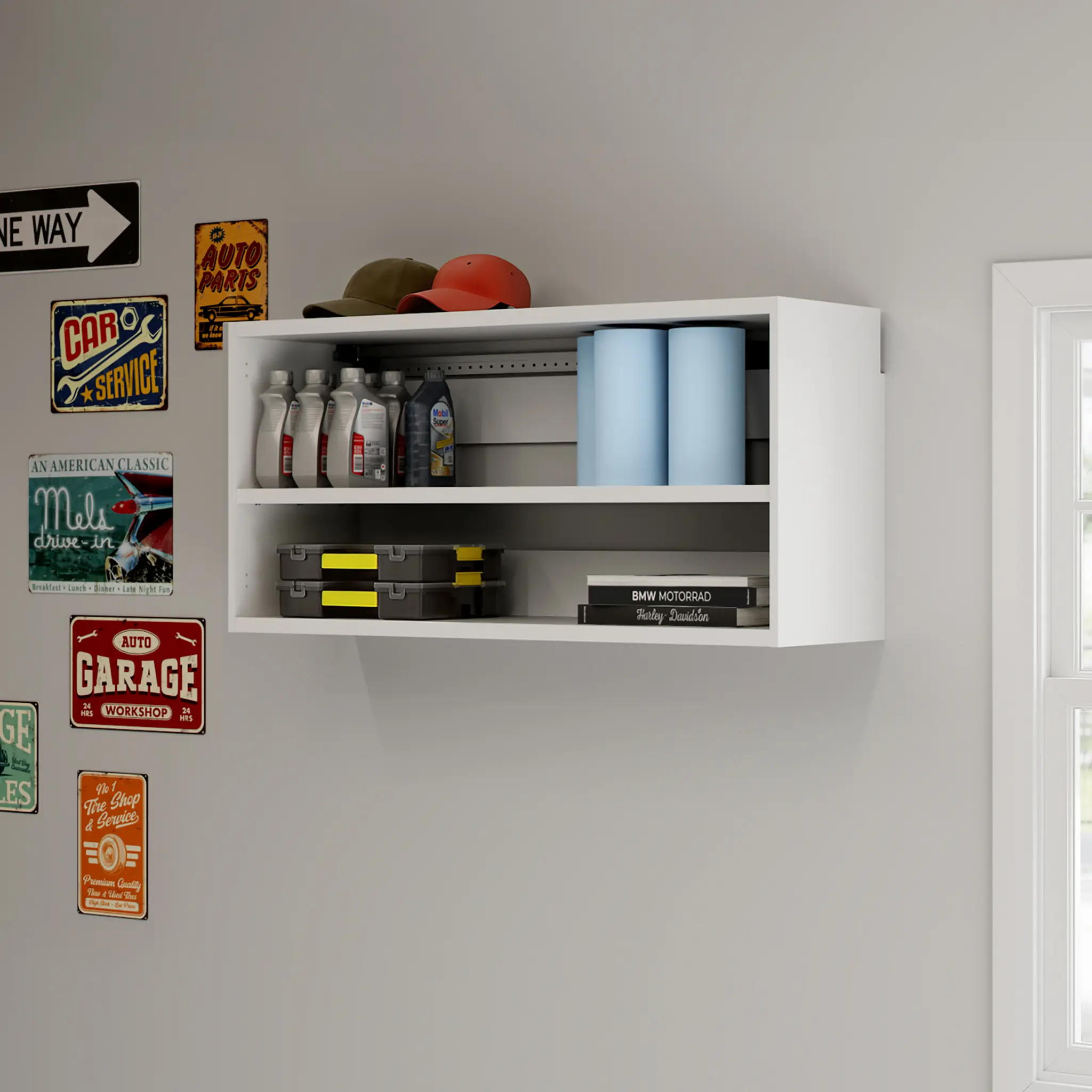 Sauder GarageCore Upper Cabinet Wall-Mounted Storage with Adjustable Shelves Melamine Surface White Finish for Garage Organization