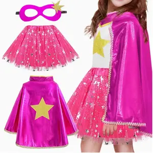 3pcs ' Superhero Costume Set with Rainbow Cape, Tutu Skirt & Mask - Pink & Golden 70s Retro Party Outfit, Star & Heart Emblem Dress-Up for Birthday, Halloween, Christmas - 3pcs Hero Play Clothes