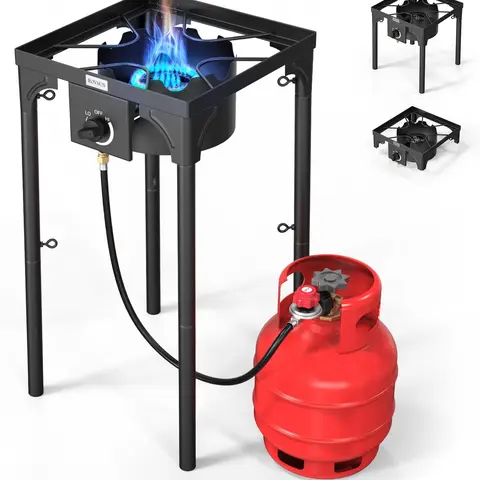 ROVSUN 75000 BTU Portable Gas Camping Stove/with Side Shelf & Carrying Bag, Outdoor Propane Burner with 20psi Regulator, High Pressure Single Cooker Camp Cooking Home Brewing