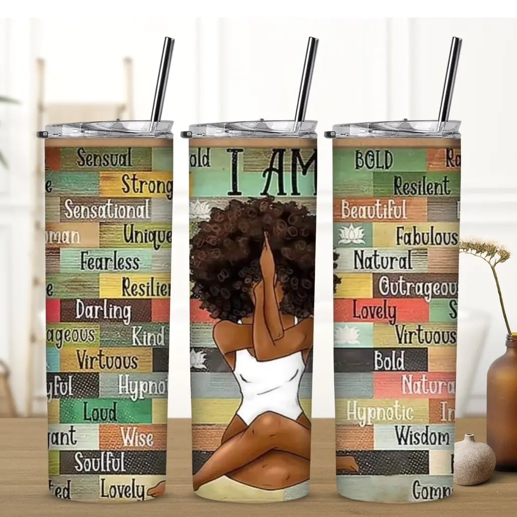 “I Am” Black Woman Meditating Word Art Tumbler, Mug and Notebook Drinkware Set Washable Reusable Bottle Water Bottles