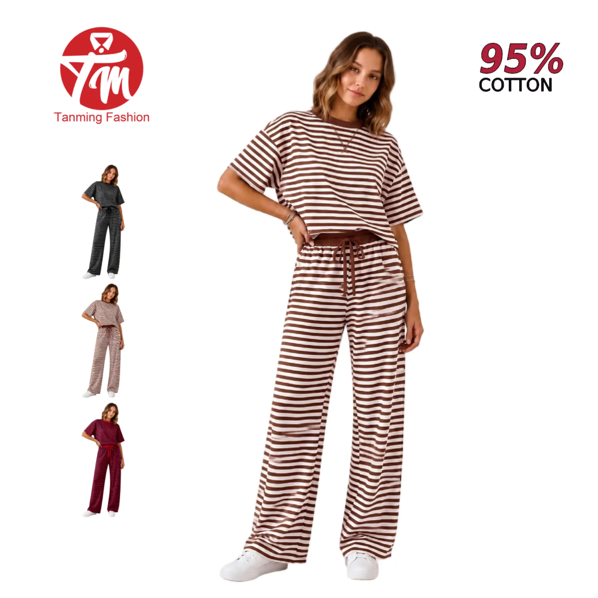 Tanming Women's 2 Piece Striped Outfits Short Sleeve Tee and Drawstring Wide Leg Pants Set 95% Cotton Casual Streetwear