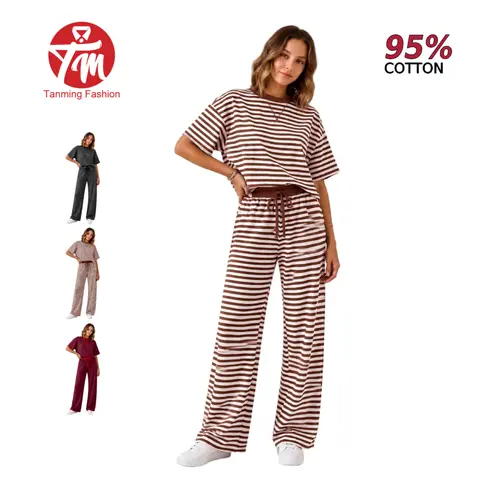 Tanming Women Striped Cotton 2 Piece Set -  Short Sleeve Tee & High Waisted Drawstring Wide Leg Pants - Two Piece Outfit Matching Set - Spring Summer Fall Casual Daily Loungewear