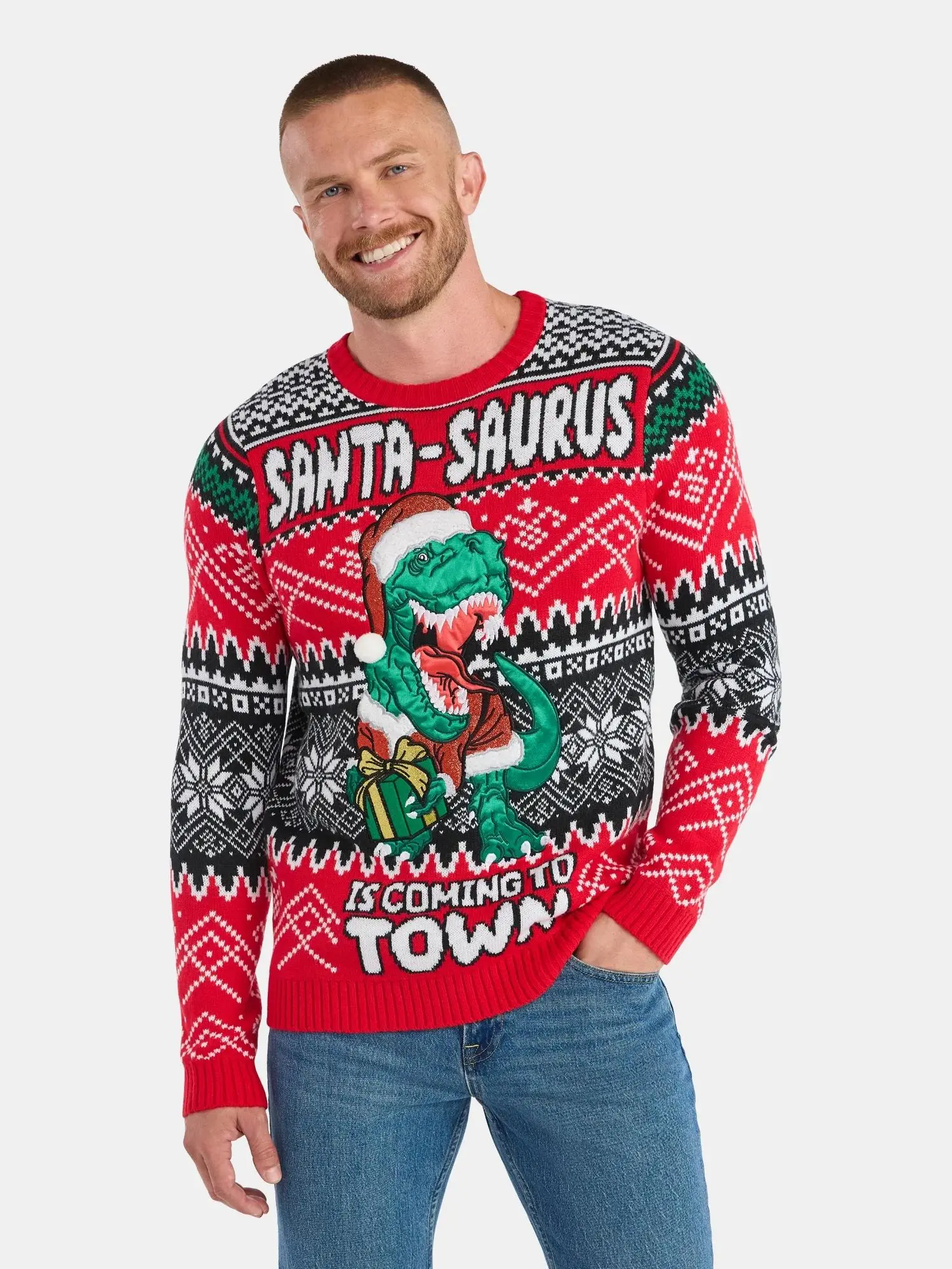 Jollidays Men's Dinosaur Ugly Christmas Sweater with Long Sleeves Midweight Crewneck Fair Isle Knit Pullover for Festive Parties