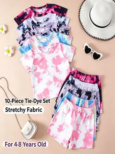 10-Piece Girls' Casual Tie-Dye Set, Comfortable Short Sleeve & Shorts, Perfect for Ages 4-8, Ideal Gift for Kids' Daily Wear, Summer Clothes Set