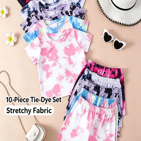 10-Piece Girls' Casual Tie-Dye Short Sleeve Shorts Summer Set, Comfortable Daily Wear for Ages 4-8, Perfect Gift for Daughters