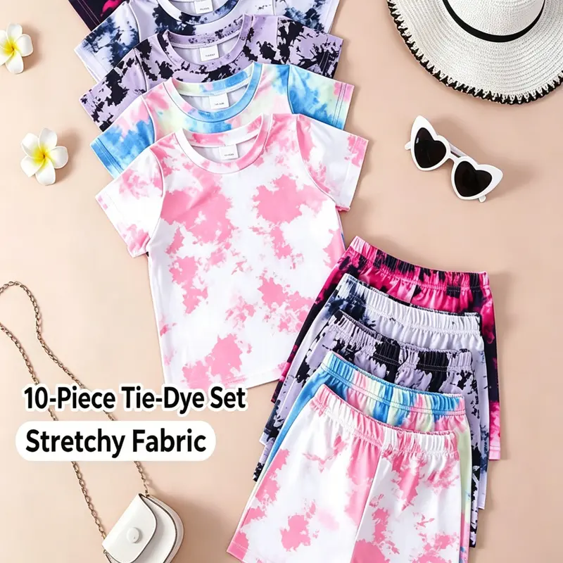 10-Piece Girls' Casual Tie-Dye Short Sleeve Shorts Summer Set, Comfortable Daily Wear for Ages 4-8, Perfect Gift for Daughters