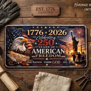 250th Anniversary USA License Plate, Eagle Distressed Flag Metal Car Tag 1776–2026, Patriotic Americana Decor Gift for Garage Man Cave Display