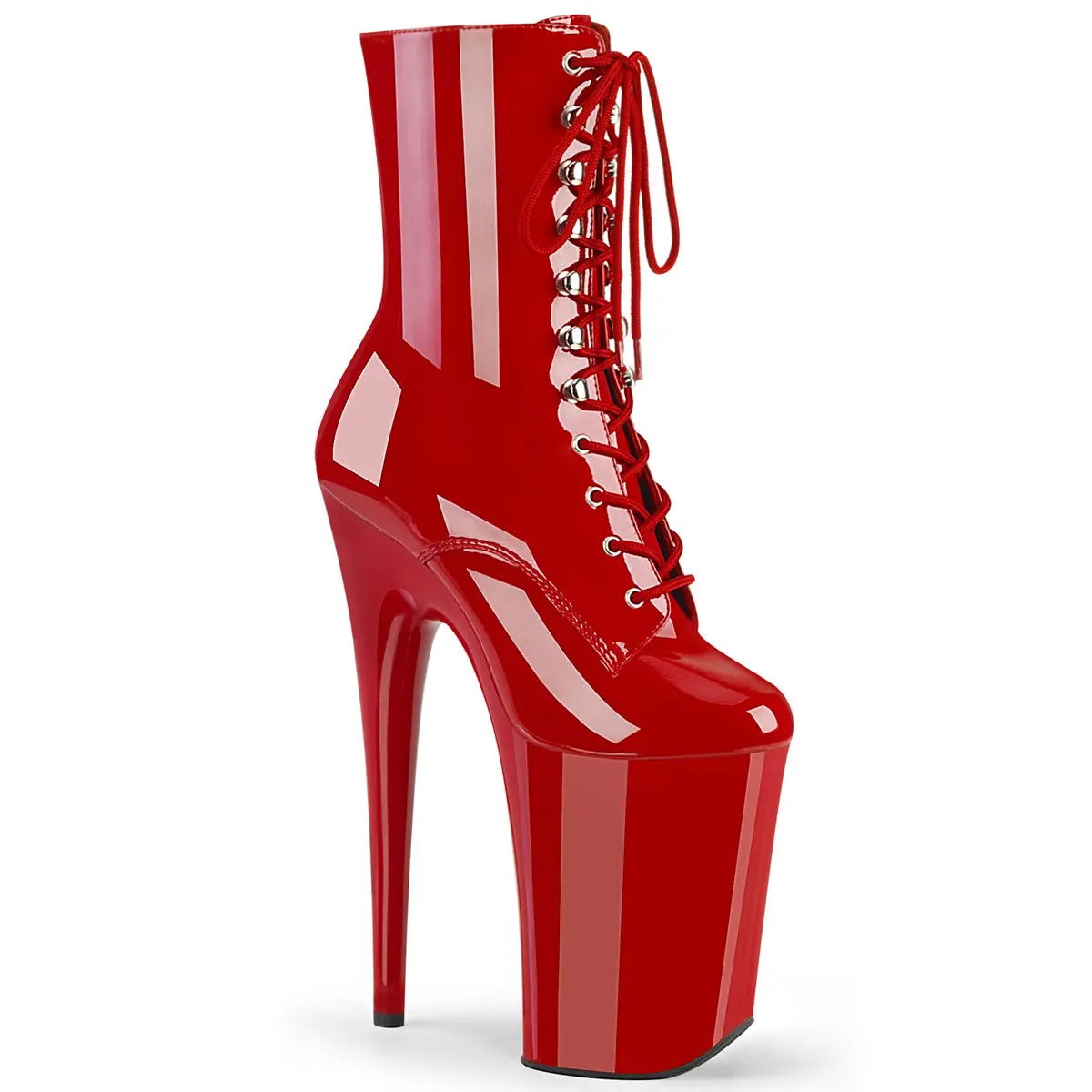Women's Red Patent Leather Lace-Up Ankle Boot, INFINITY-1020 Style with a Round Toe and Side Zipper for Pole Dance & Show Wear, High Heel, Shoe, Footwear, Platform, Ankle Length, Stage Wear, 9 In, High-Impact Finish, Show Purpose, Laces