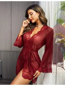 Women's Elegant Lace Kimono Robe Doll Costume Underwear Lingerie, Role Play Erotic Mesh Sleep Dress Nightgown with Panties, Perfect for Parties and Events