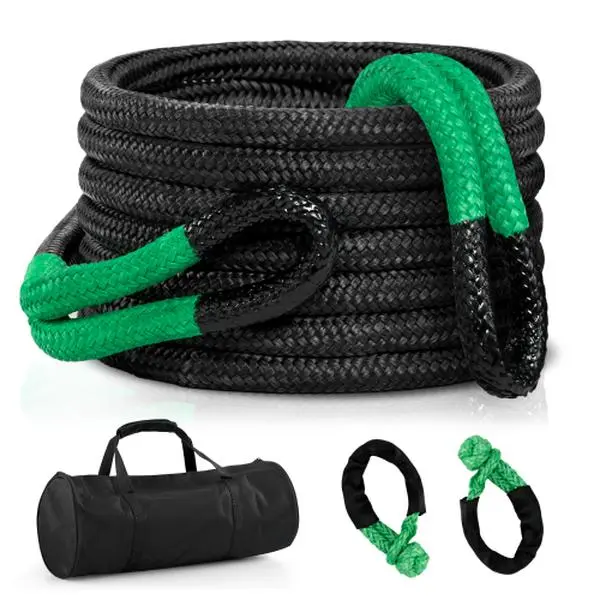 Kinetic Recovery Rope Kit, 54200Lbs 1.25in x 30ft Black & Green with Soft Shackle, 35% Elasticity Heavy Duty Offroad Snatch Strap, 100% Double-Braided Nylon & Polyester, 15x Stronger Than Steel for Jeeps Trucks ATV SUV, Shock Absorption
