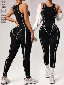 Women's Colorblock Sleeveless Jumpsuit, High Elastic Yoga Pants, Sporty Contrast Binding, Comfortable Fitness Wear, All-Season
