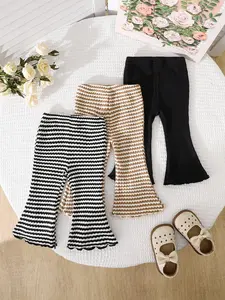 3-Piece Baby Girl Knit Solid Striped Casual Bell Bottom Pants Set, Comfortable and Stylish for Toddlers, Perfect for Daily Wear