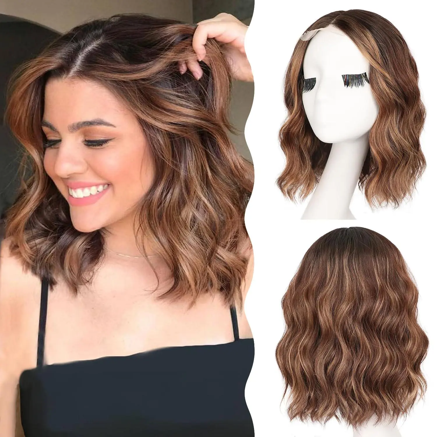 Nnzes Women's Brown Highlight Short Wavy Bob Cut Synthetic Lace Front Wig, 14-18in Heat Resistant Lace Hairline, Beginner Friendly Glueless Wig with Adjustable Strap Stays Put, Natural Everyday Look, Beginner Friendly Wigs